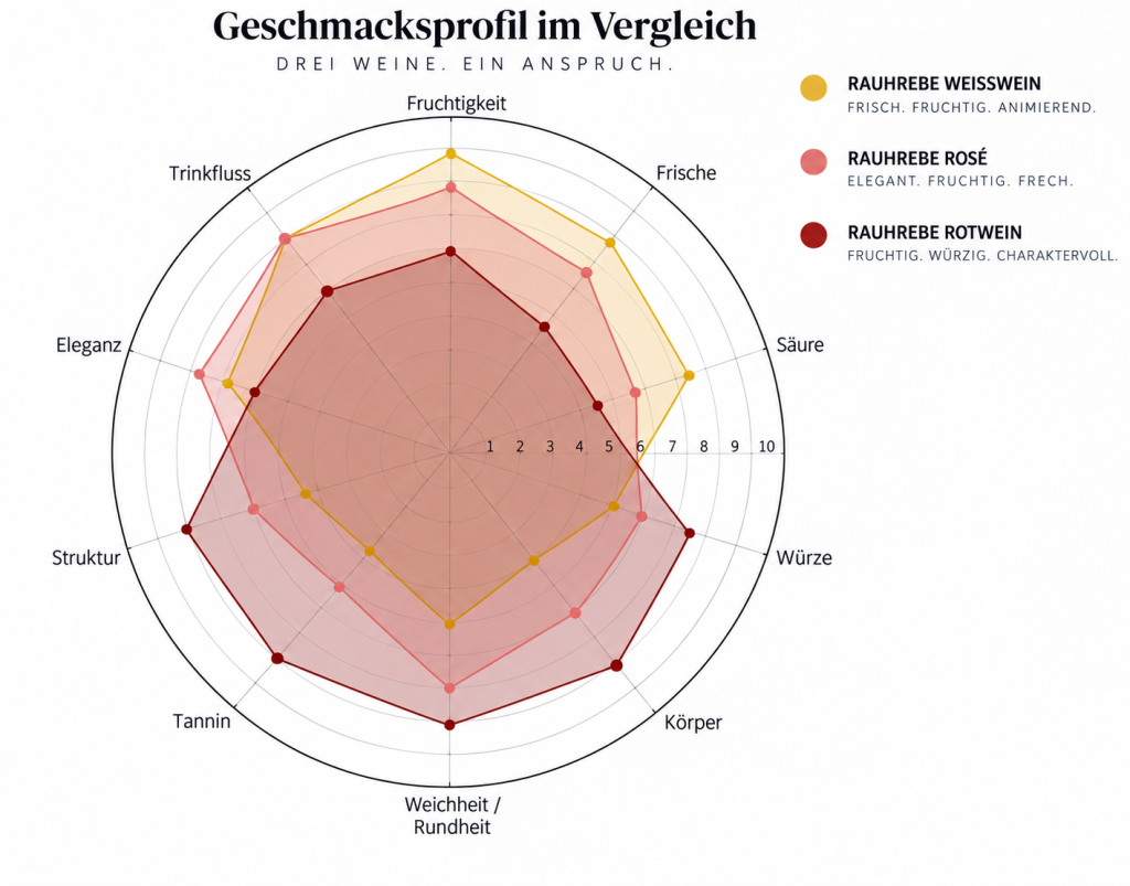Schmackofatzo.de_RAUHREBE_Geschmacksprofil_im_Vergleich_Weisswein_Rose_Rotwein